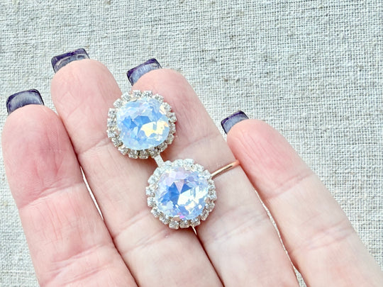 Eirlys Opal Crystal Square Cut Halo Framed Stud Earrings - Shabby To Chic Jewelry