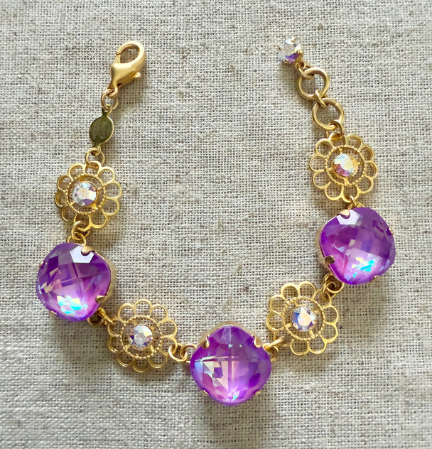 Lola Purple Square Cut Flower Crystal Bracelet - Shabby To Chic Jewelry