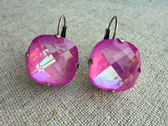 Peony Square Cut Pink Faceted Crystal Earrings - Shabby To Chic Jewelry