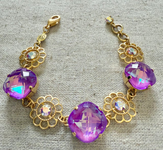 Lola Purple Square Cut Flower Crystal Bracelet - Shabby To Chic Jewelry
