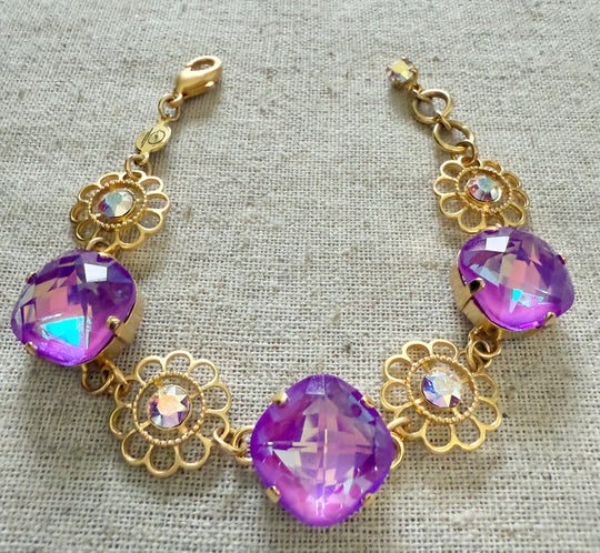 Lola Purple Square Cut Flower Crystal Bracelet - Shabby To Chic Jewelry