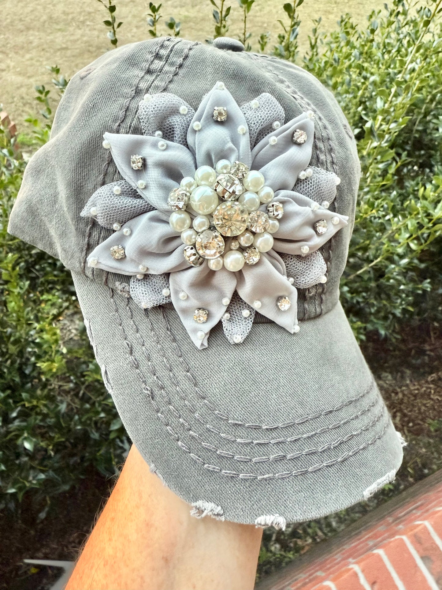 Grace Flower Pearl Crystal Embellished Baseball Hat - Shabby To Chic Jewelry
