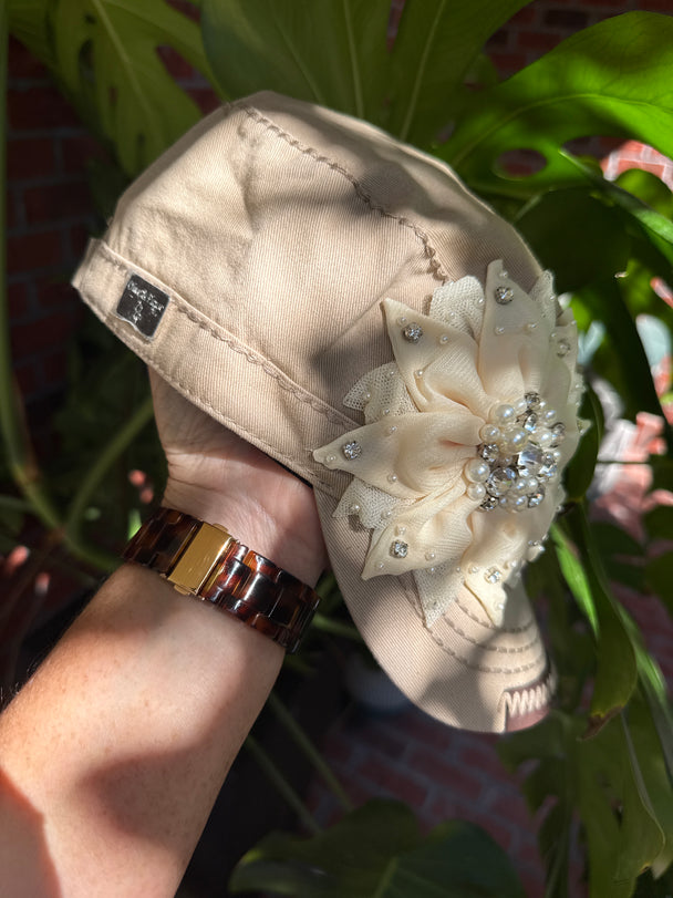 Grace Flower Pearl Crystal Embellished Baseball Hat