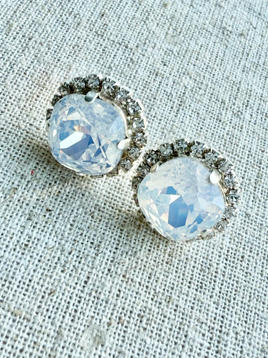 Eirlys Opal Crystal Square Cut Halo Framed Stud Earrings - Shabby To Chic Jewelry