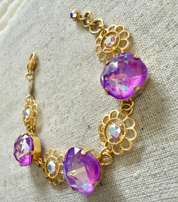 Lola Purple Square Cut Flower Crystal Bracelet - Shabby To Chic Jewelry