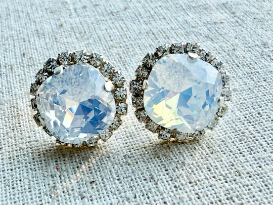 Eirlys Opal Crystal Square Cut Halo Framed Stud Earrings - Shabby To Chic Jewelry