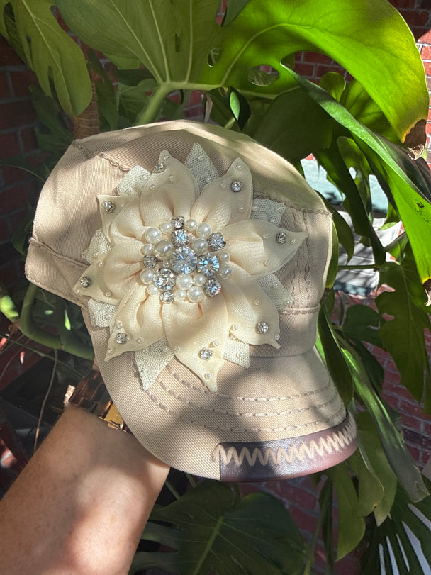 Grace Flower Pearl Crystal Embellished Baseball Hat