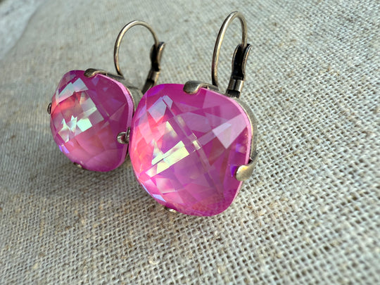 Peony Square Cut Pink Faceted Crystal Earrings - Shabby To Chic Jewelry