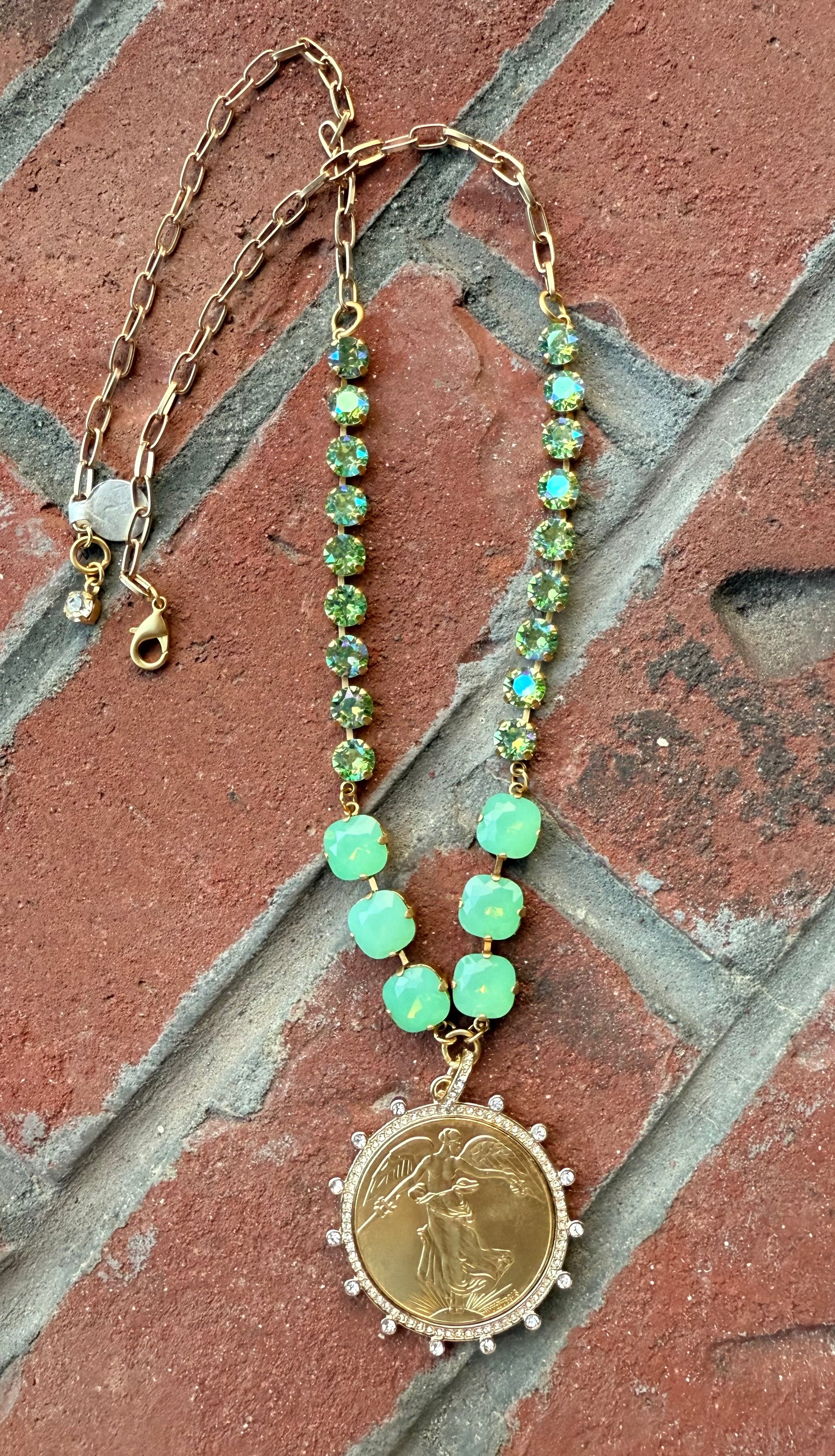 Jade Liberty Coin Pendant Crystal Necklace - Shabby To Chic Jewelry