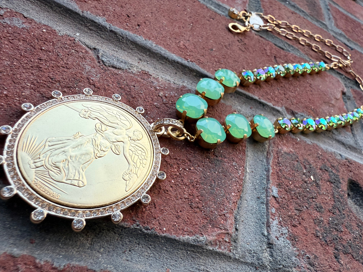 Jade Liberty Coin Pendant Crystal Necklace - Shabby To Chic Jewelry