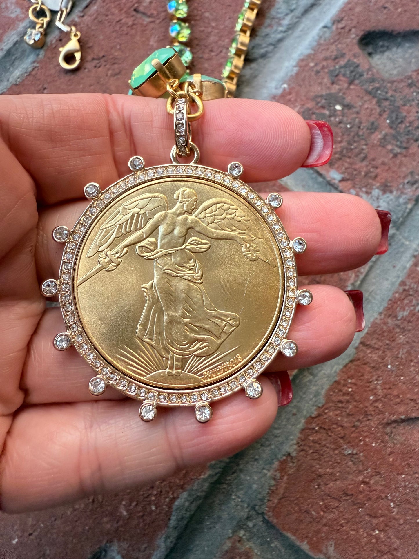 Jade Liberty Coin Pendant Crystal Necklace - Shabby To Chic Jewelry
