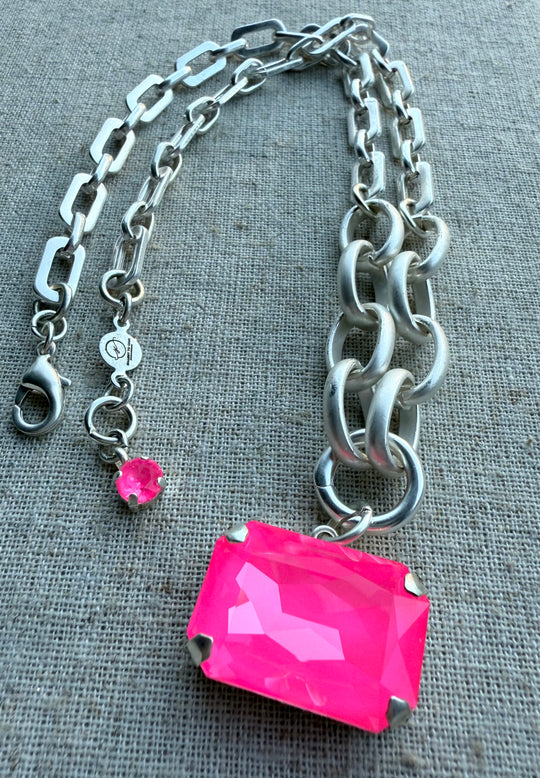 Stella Hot Pink Rectangle Pendant Crystal Necklace - Shabby To Chic Jewelry