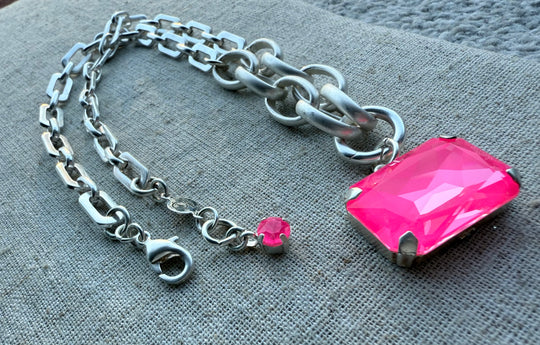 Stella Hot Pink Rectangle Pendant Crystal Necklace - Shabby To Chic Jewelry