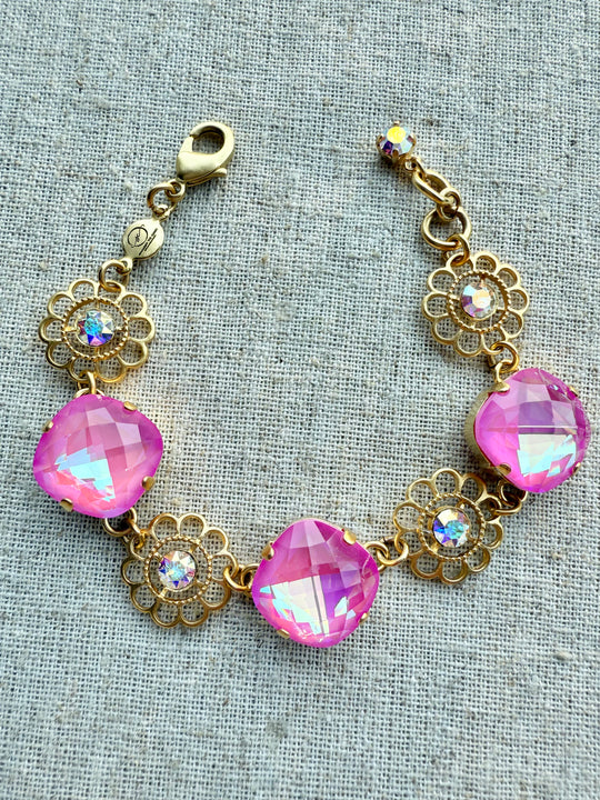 Payton Pink Square Cut Crystal Flower Bracelet - Shabby To Chic Jewelry