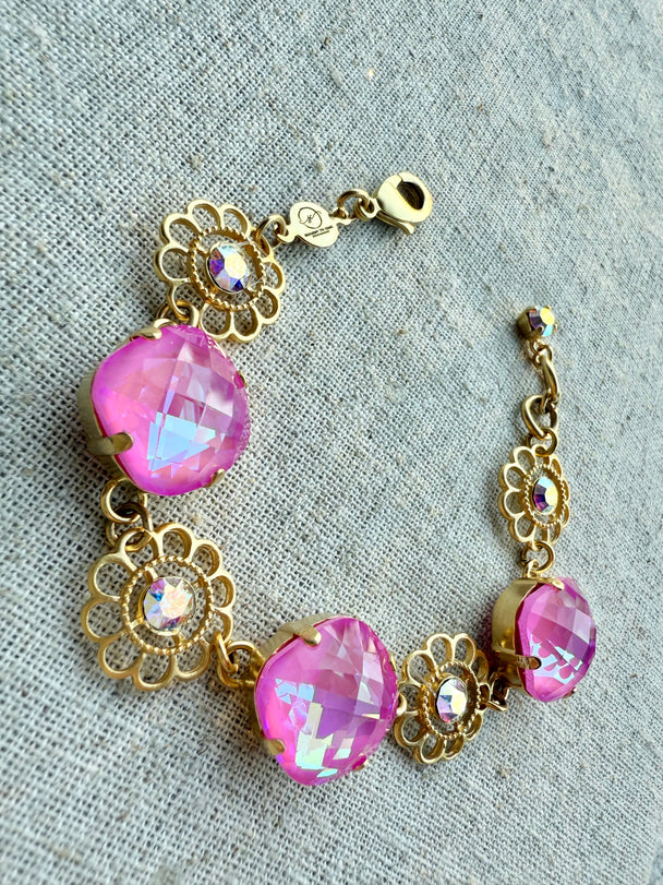 Payton Pink Square Cut Crystal Flower Bracelet - Shabby To Chic Jewelry