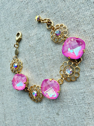 Payton Pink Square Cut Crystal Flower Bracelet - Shabby To Chic Jewelry