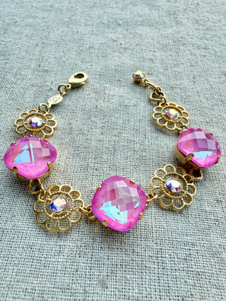 Payton Pink Square Cut Crystal Flower Bracelet - Shabby To Chic Jewelry