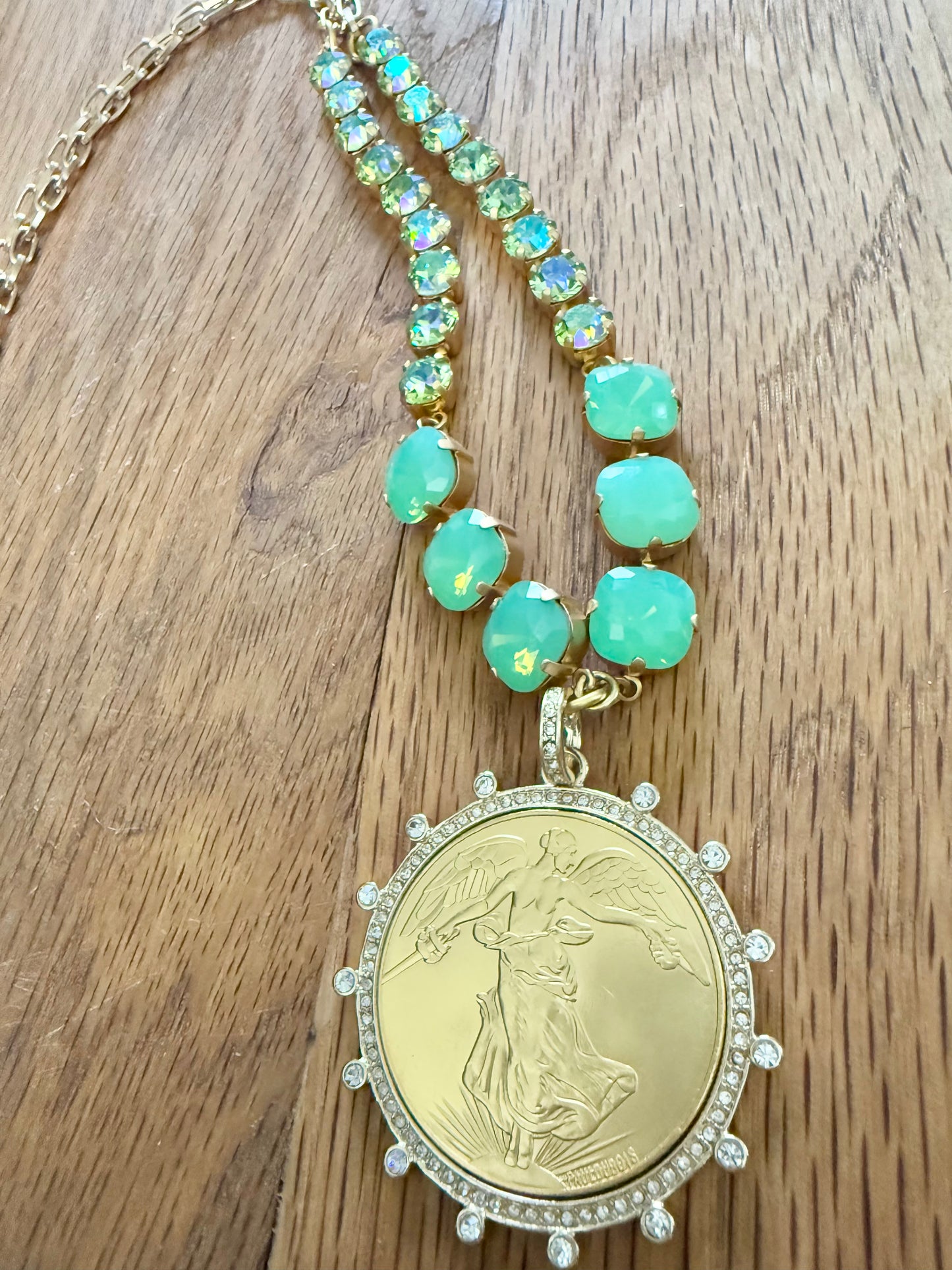 Jade Liberty Coin Pendant Crystal Necklace - Shabby To Chic Jewelry