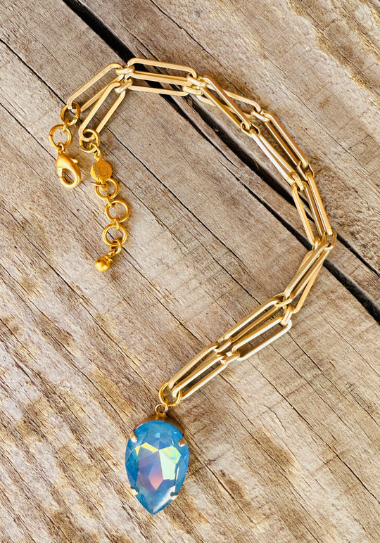 Marlene Pear Cut Blue Iridescent Crystal Pendant Necklace - Shabby To Chic Jewelry