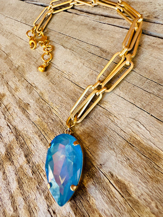Marlene Pear Cut Blue Iridescent Crystal Pendant Necklace - Shabby To Chic Jewelry