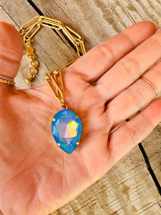 Marlene Pear Cut Blue Iridescent Crystal Pendant Necklace - Shabby To Chic Jewelry