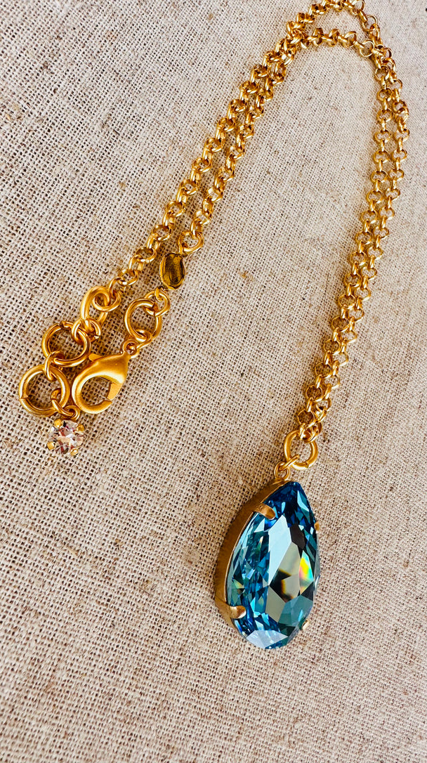 Abigail Pear Pendant Blue Crystal Necklace - Shabby To Chic Jewelry