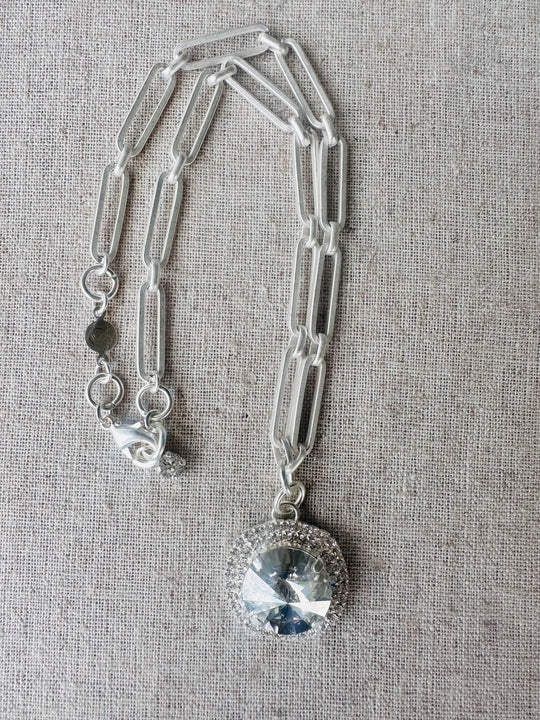 Callie Crystal Pendant Halo Framed Silver Necklace - Shabby To Chic Jewelry