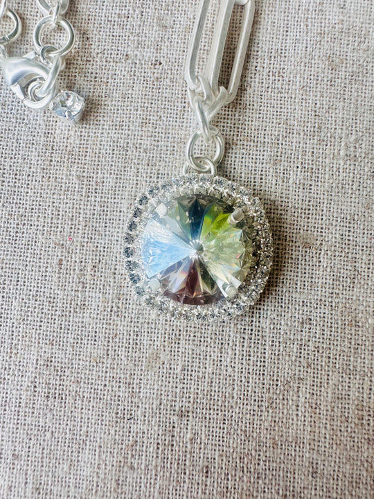 Callie Crystal Pendant Halo Framed Silver Necklace - Shabby To Chic Jewelry