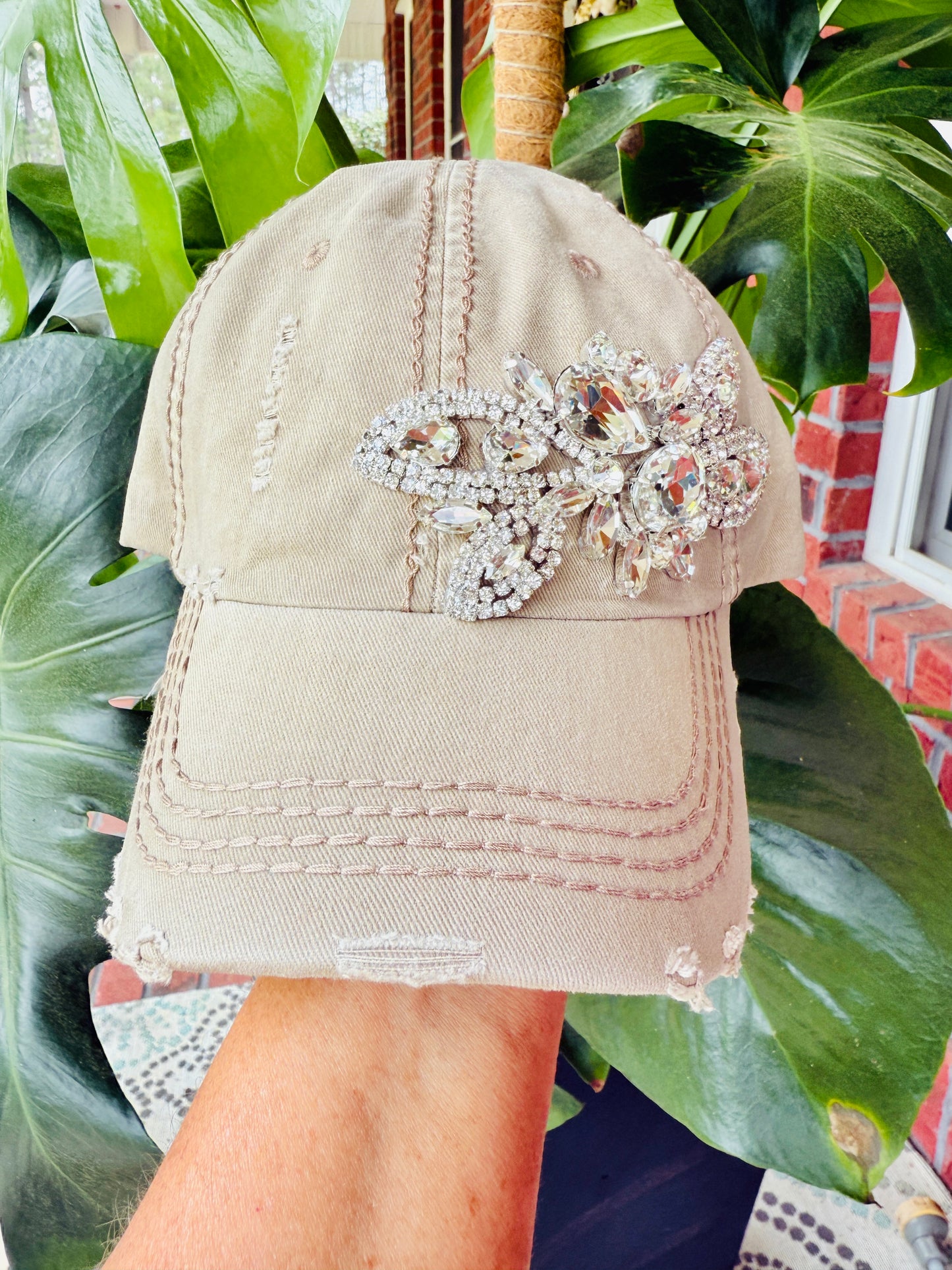 Bella Women's Khaki Crystal Embellished Hat