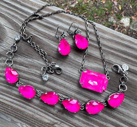 Stella Hot Pink Rectangle Pendant Crystal Necklace - Shabby To Chic Jewelry