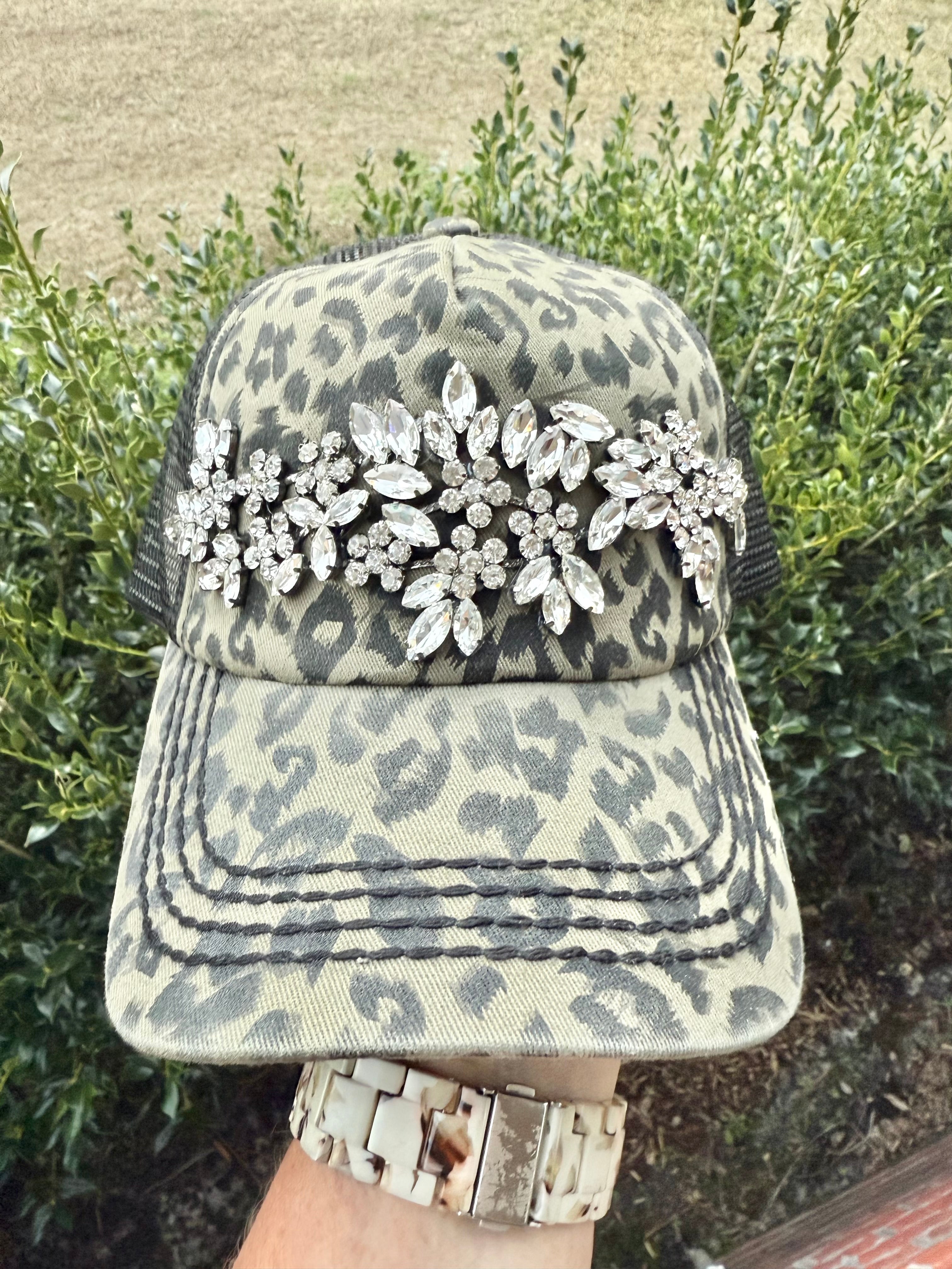 Candice Leopard Crystal Embellished Baseball Fashion Hat - Shabby To Chic Jewelry