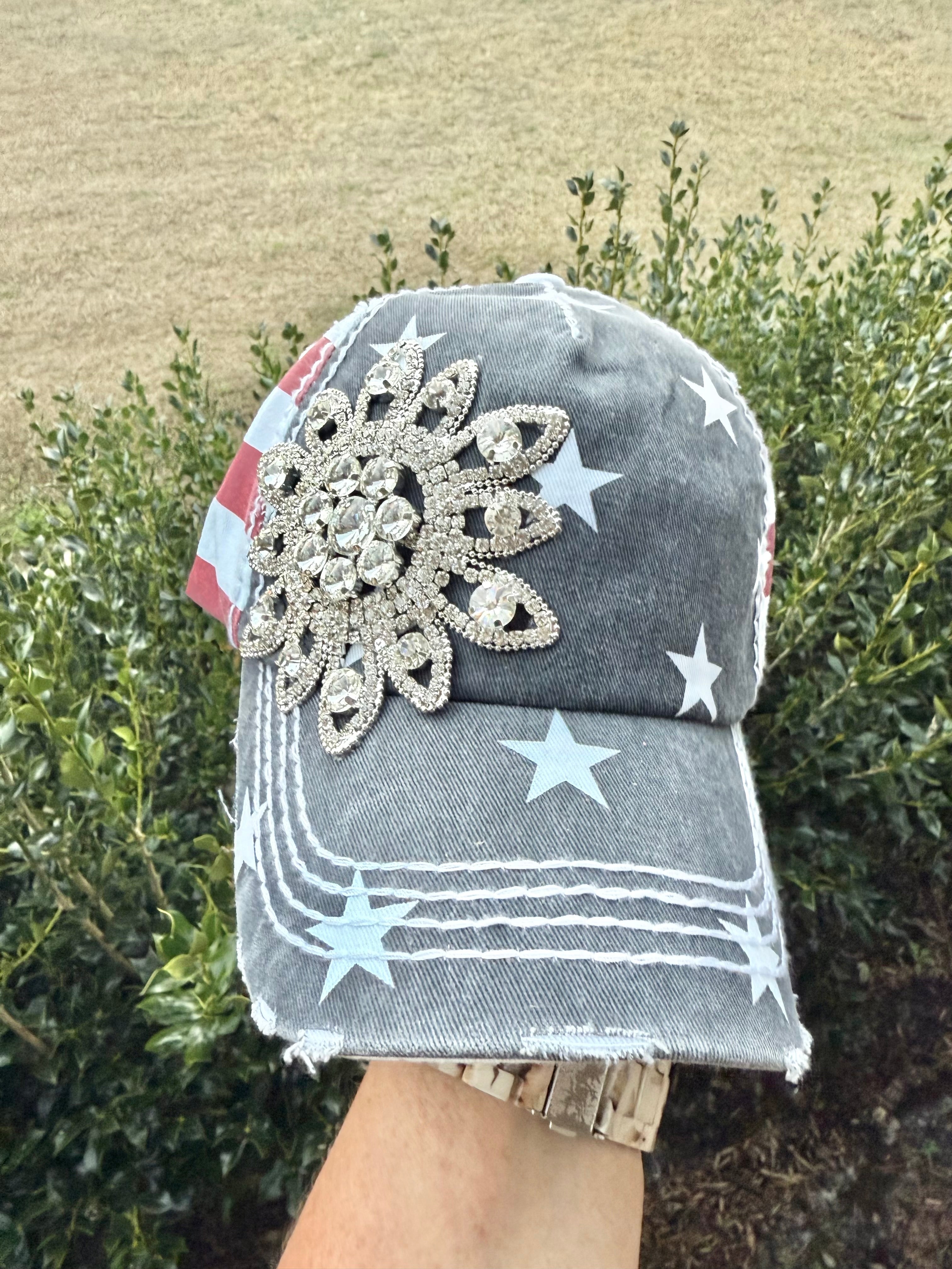 Madison Patriotic Crystal Embellished Fashion Baseball Hat - Shabby To Chic Jewelry