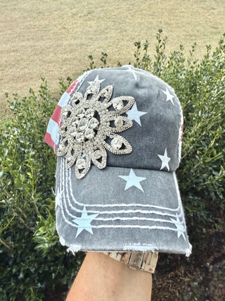 Madison Patriotic Crystal Embellished Fashion Baseball Hat - Shabby To Chic Jewelry