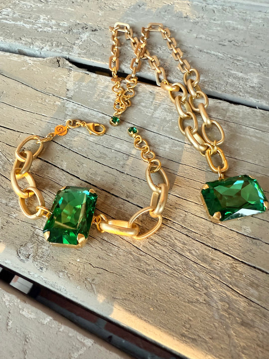 Chloe Green Rectangle Cut Pendant Crystal Necklace and Bracelet Set - Shabby To Chic Jewelry