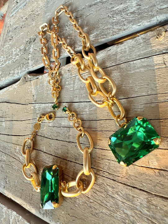 Chloe Green Rectangle Cut Pendant Crystal Necklace and Bracelet Set - Shabby To Chic Jewelry