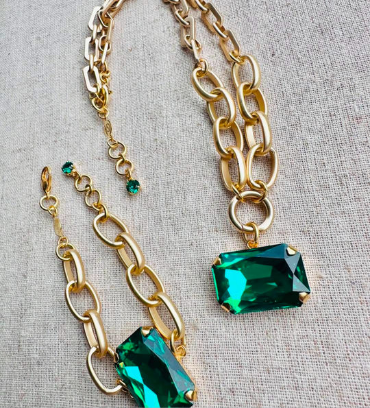 Chloe Green Rectangle Cut Pendant Crystal Necklace and Bracelet Set - Shabby To Chic Jewelry