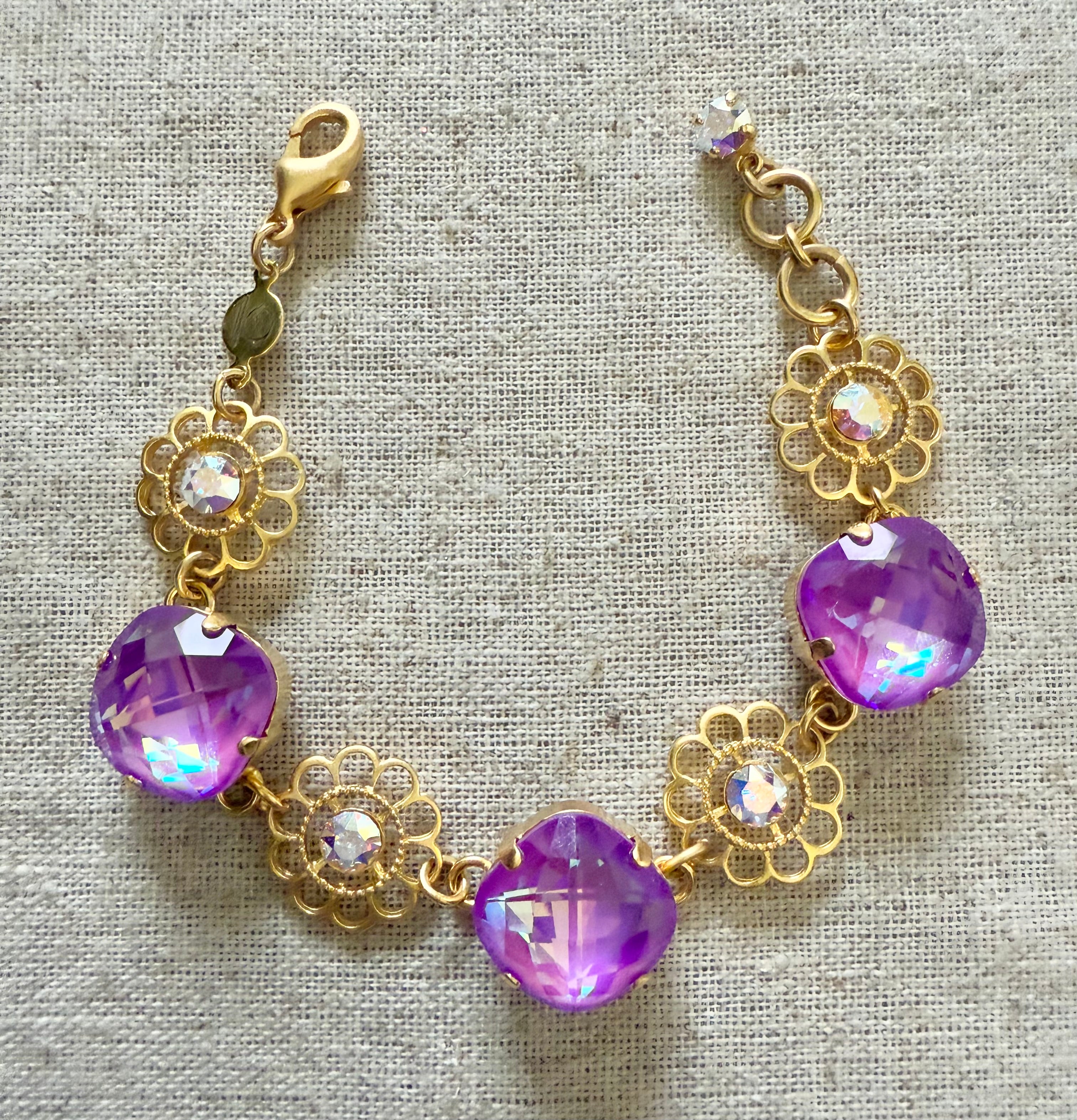 Lola Purple Square Cut Flower Crystal Bracelet - Shabby To Chic Jewelry