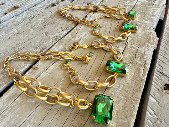 Chloe Green Rectangle Cut Pendant Crystal Necklace and Bracelet Set - Shabby To Chic Jewelry