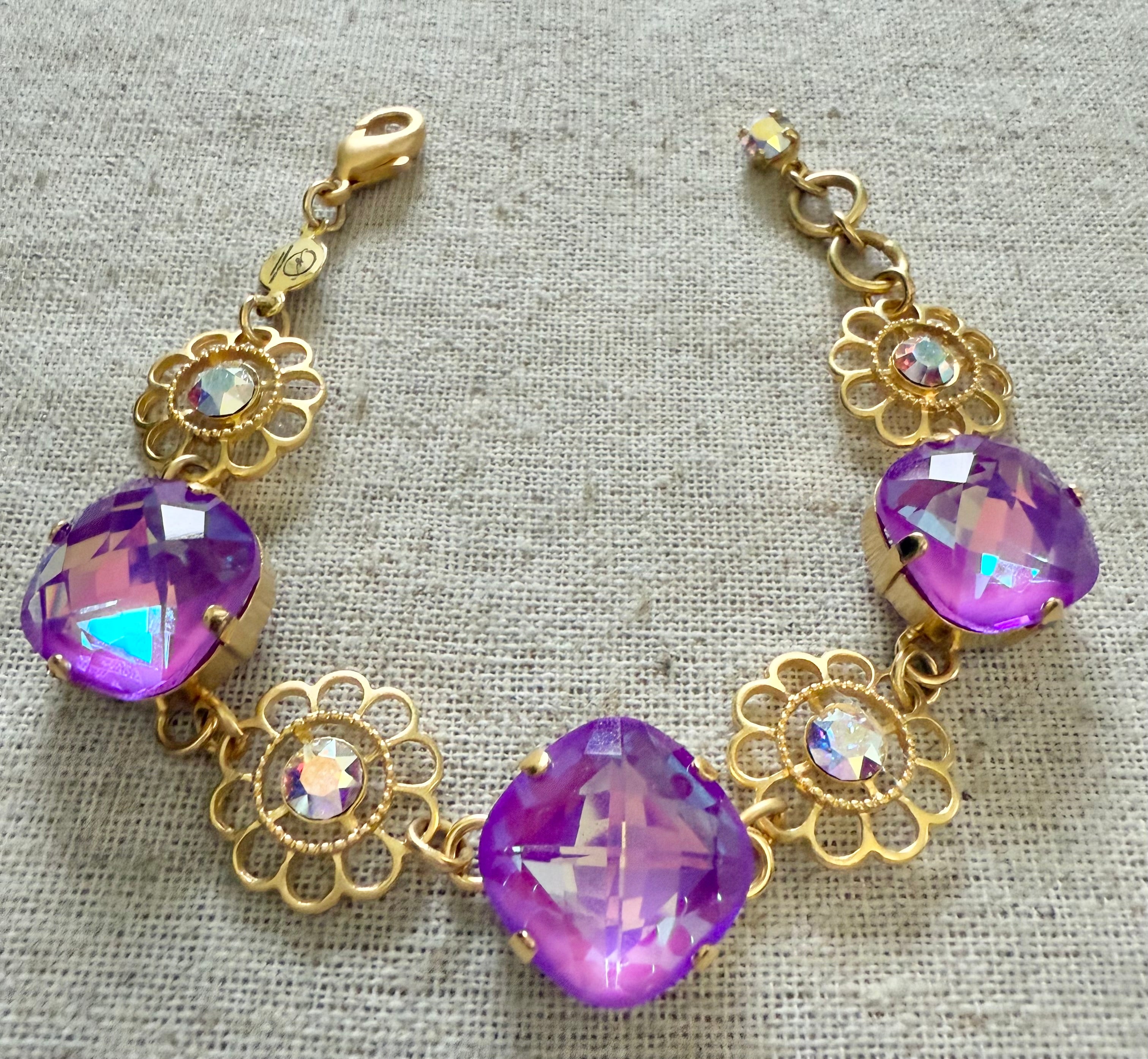 Lola Purple Square Cut Flower Crystal Bracelet - Shabby To Chic Jewelry