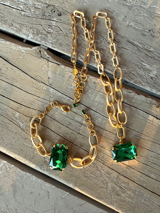 Chloe Green Rectangle Cut Pendant Crystal Necklace and Bracelet Set - Shabby To Chic Jewelry