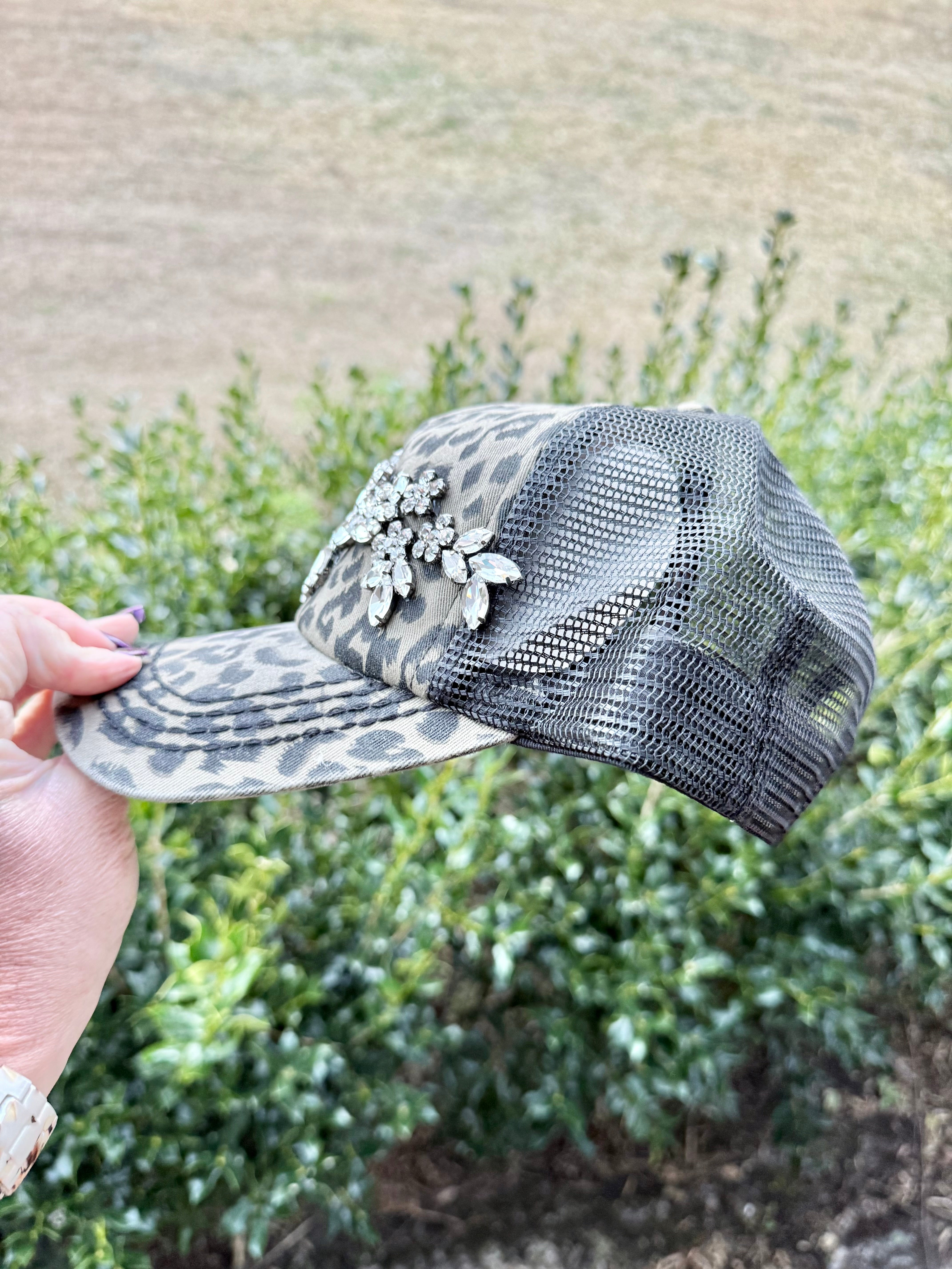 Candice Leopard Crystal Embellished Baseball Fashion Hat - Shabby To Chic Jewelry