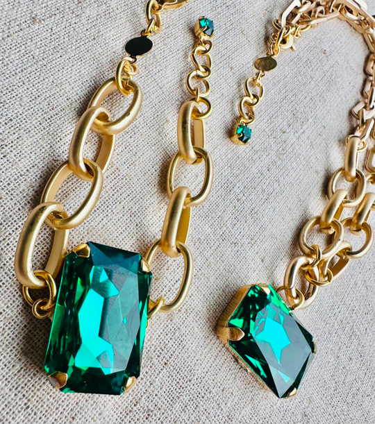 Chloe Green Rectangle Cut Pendant Crystal Necklace and Bracelet Set - Shabby To Chic Jewelry