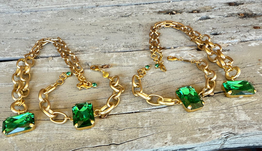 Chloe Green Rectangle Cut Pendant Crystal Necklace and Bracelet Set - Shabby To Chic Jewelry
