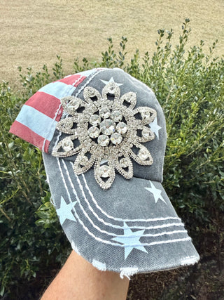 Madison Patriotic Crystal Embellished Fashion Baseball Hat - Shabby To Chic Jewelry