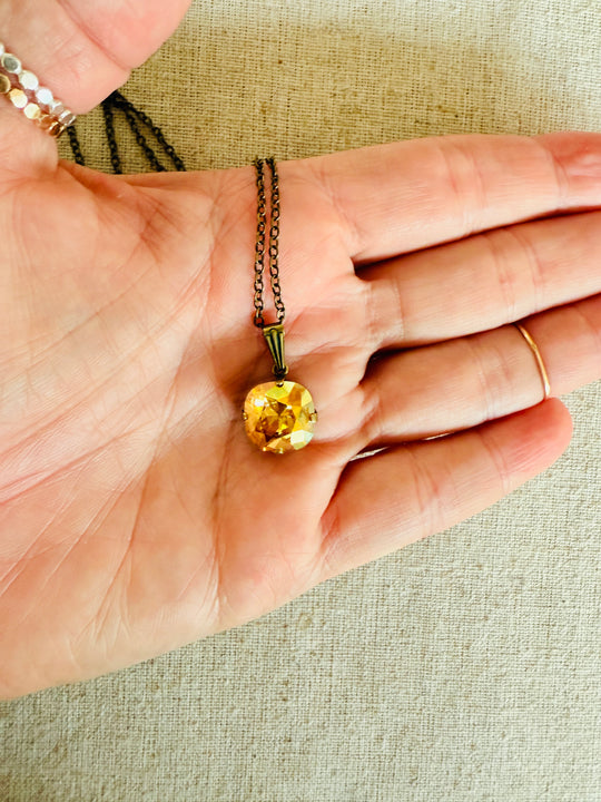 Harvest Gold Cushion Cut Crystal Pendant Necklace