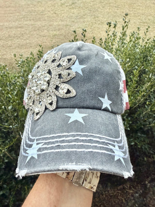 Madison Patriotic Crystal Embellished Fashion Baseball Hat - Shabby To Chic Jewelry