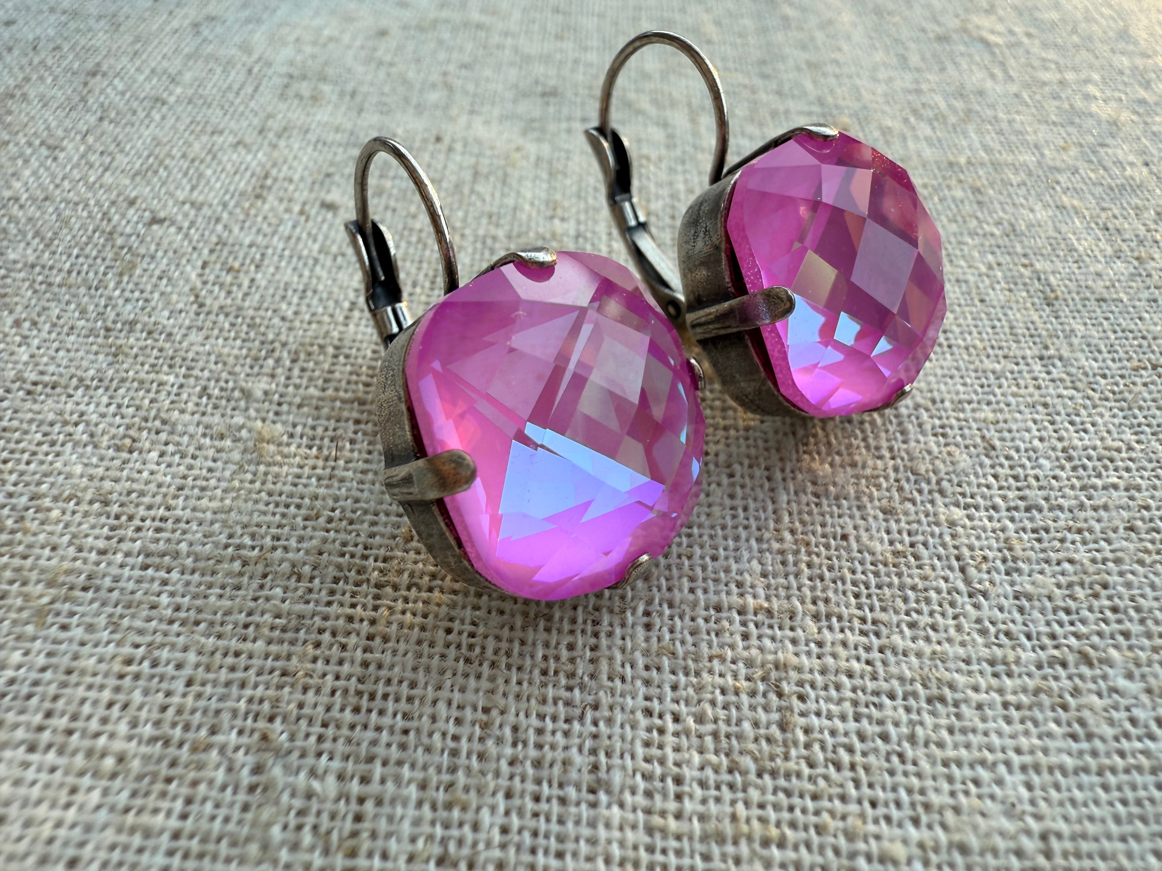 Peony Square Cut Pink Faceted Crystal Earrings - Shabby To Chic Jewelry