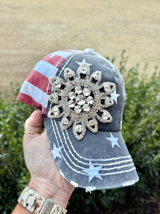 Madison Patriotic Crystal Embellished Fashion Baseball Hat - Shabby To Chic Jewelry