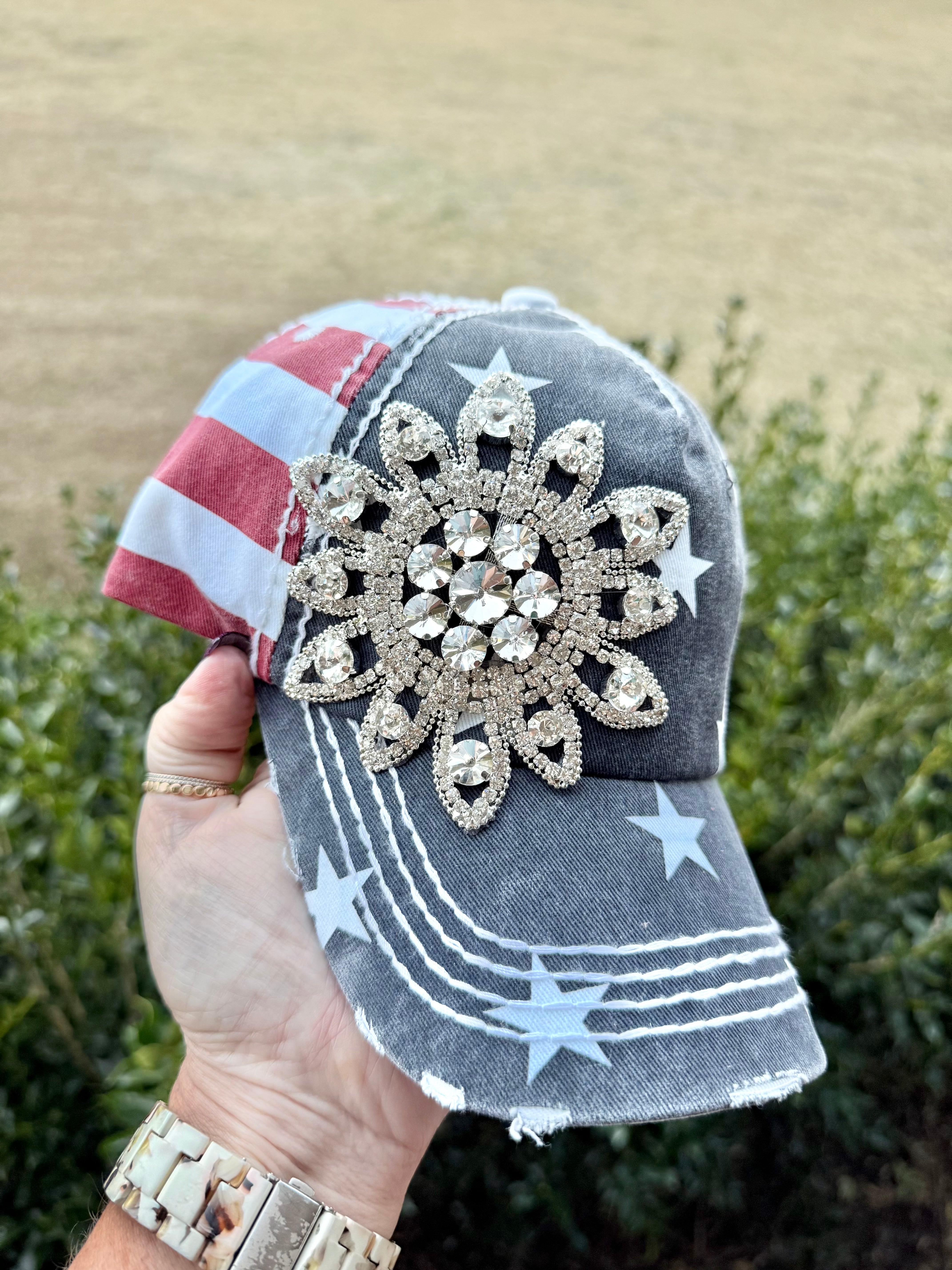 Madison Patriotic Crystal Embellished Fashion Baseball Hat - Shabby To Chic Jewelry