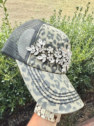 Candice Leopard Crystal Embellished Baseball Fashion Hat - Shabby To Chic Jewelry